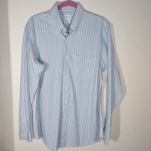 Brooks Brothers Men's Slim Fit Non-Iron Stretch Blue Stripe Button Up Large